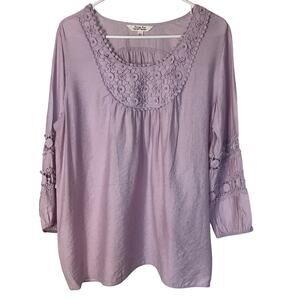 Krazy Kat Liliac 3/4 Sleeve Boho Peasant Cottage Top W/Embroiery & Pearls L